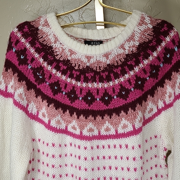 a.n.a. Women’s Fair Isle Sweater White Pink Burgundy Knit Pullover Size Medium - Picture 4 of 14